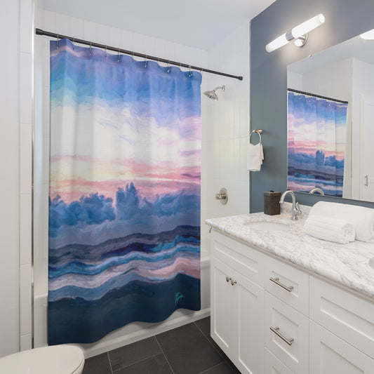 What are the benefits of purchasing nature-inspired shower curtains for a calming bathroom?