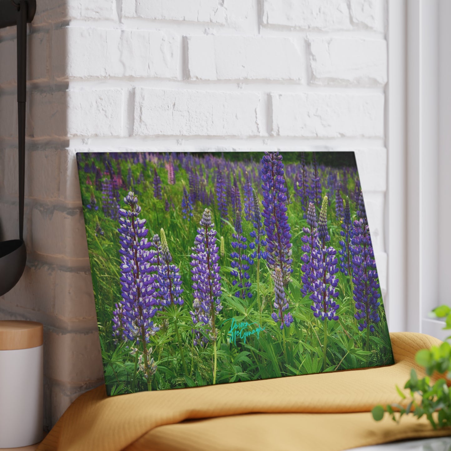 Artistic Wild Lupine Flowers Glass Cutting Board with Nature-Inspired Design