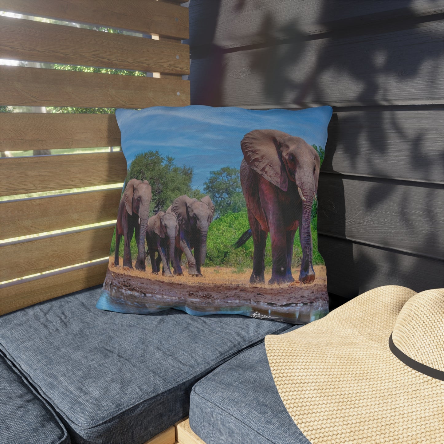 Enjoy Nature Outdoor Pillow with Elephant Family at Watering Hole – Artistic, Comfy, and Durable Decorative Accent