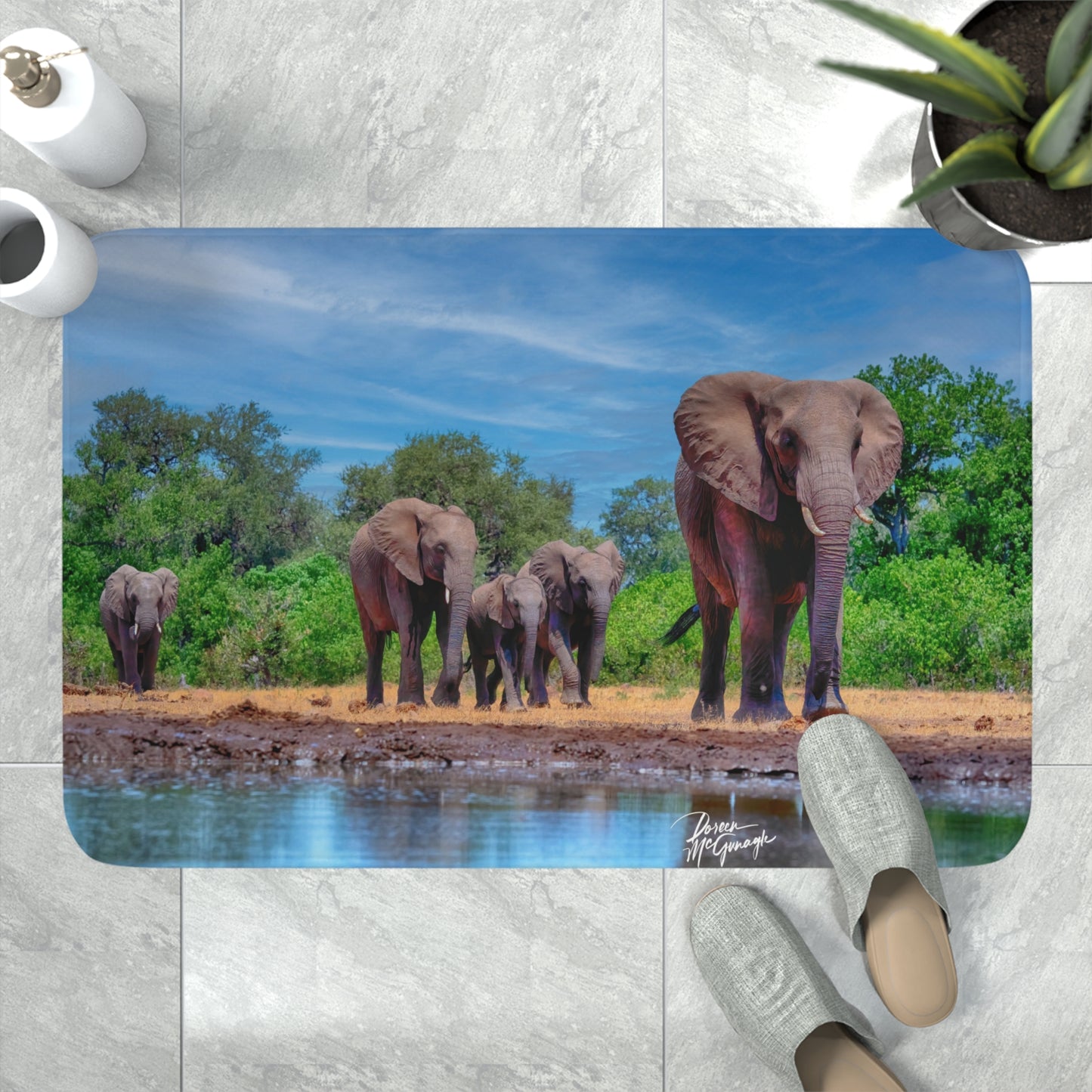 Elephant Family at Watering Hole Memory Foam Bath Mat from Enjoy Nature