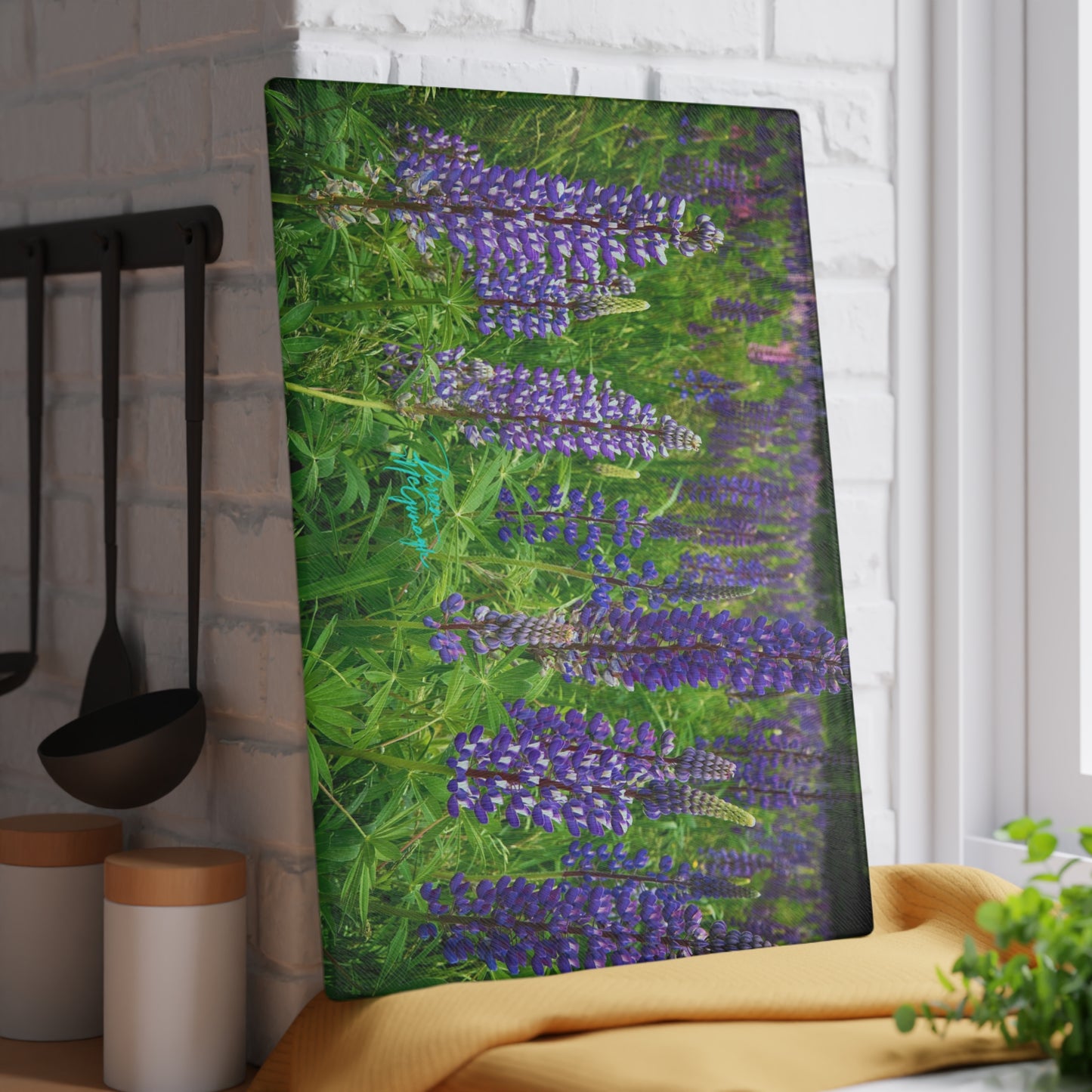 Artistic Wild Lupine Flowers Glass Cutting Board with Nature-Inspired Design