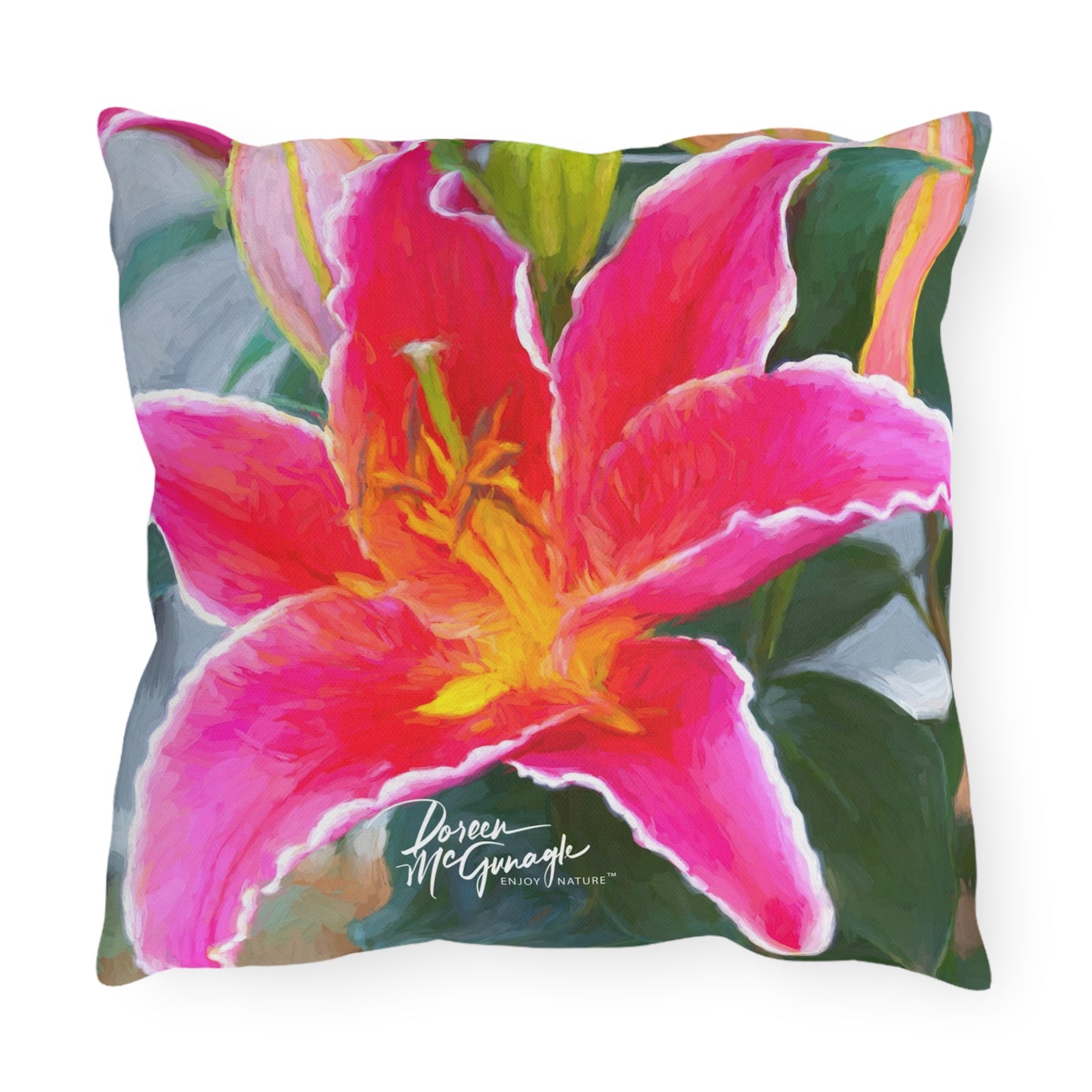 Enjoy Nature Outdoor Pillow with Pink Lily – Artistic, Comfy, and Durable Decorative Accent