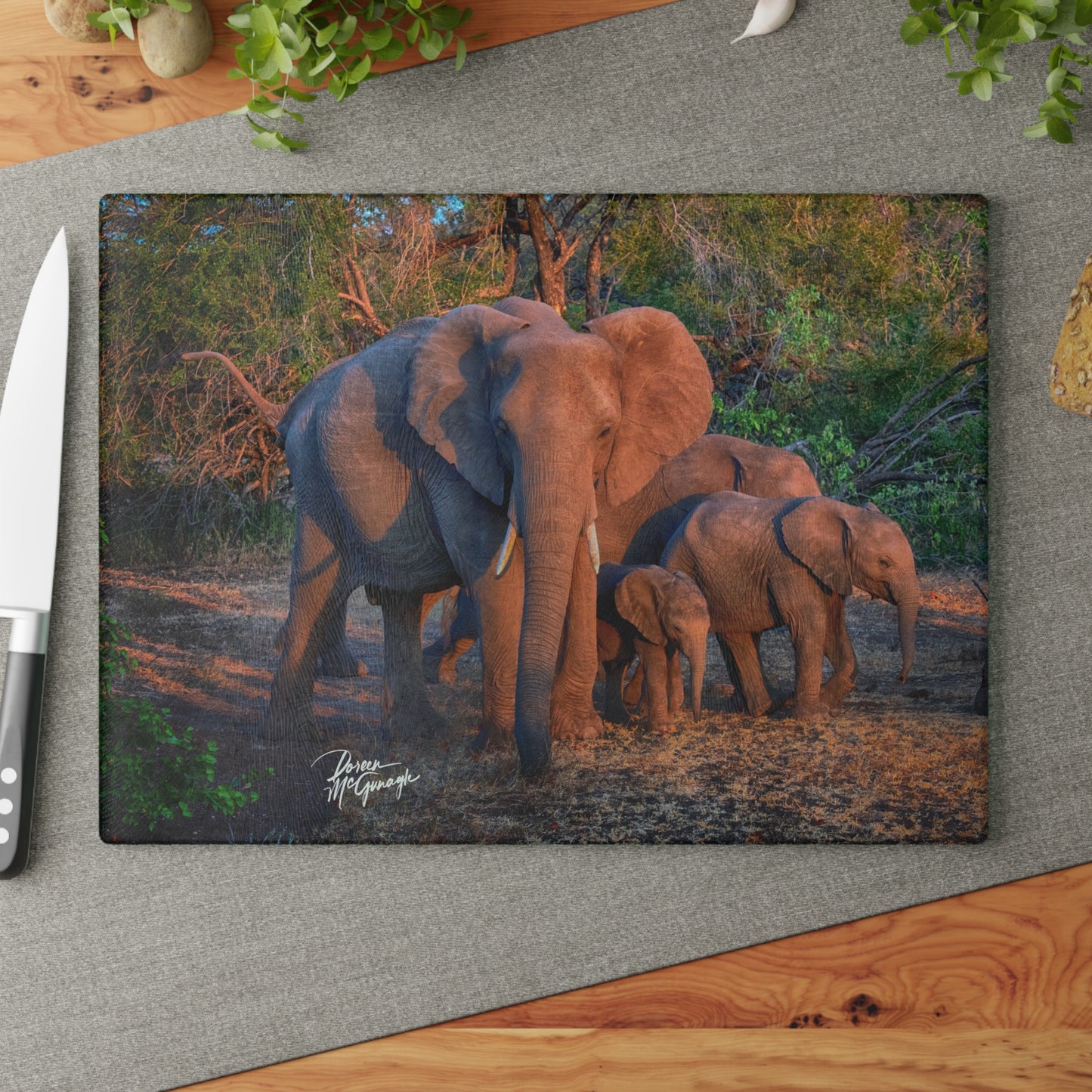 Enjoy Nature Glass Charcuterie Cutting Board with Elephant Family Design