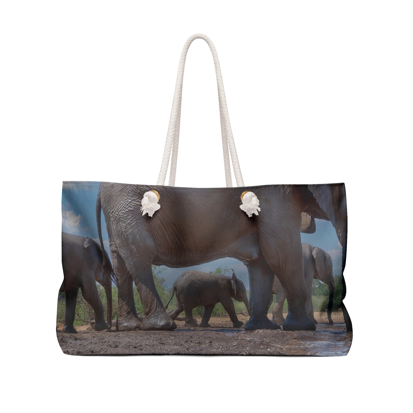 Weekender Tote Bag: Baby Elephant Walk with Mom by Enjoy Nature