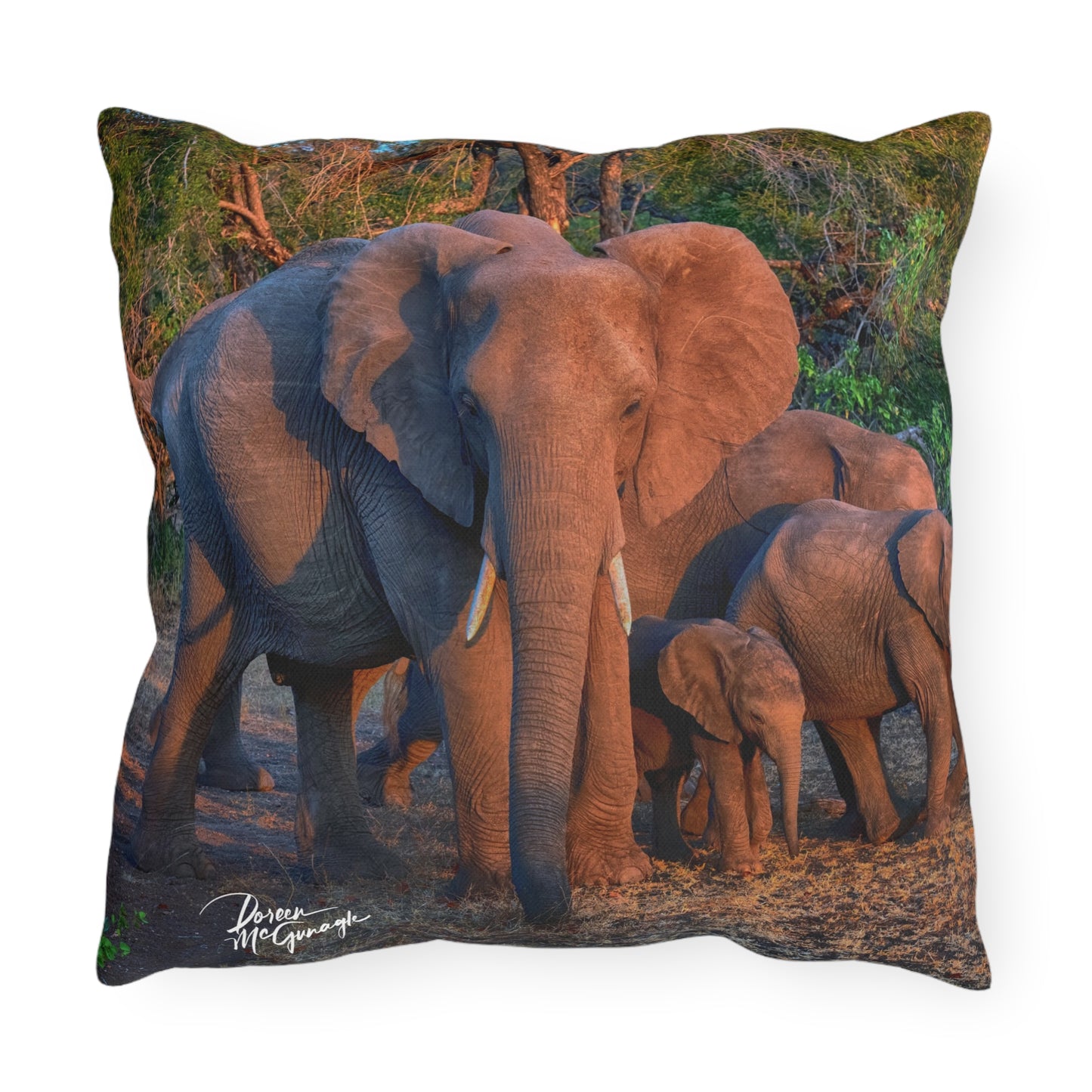 Enjoy Nature Outdoor Pillow with Elephant Family – Artistic, Comfy, and Durable Decorative Accent