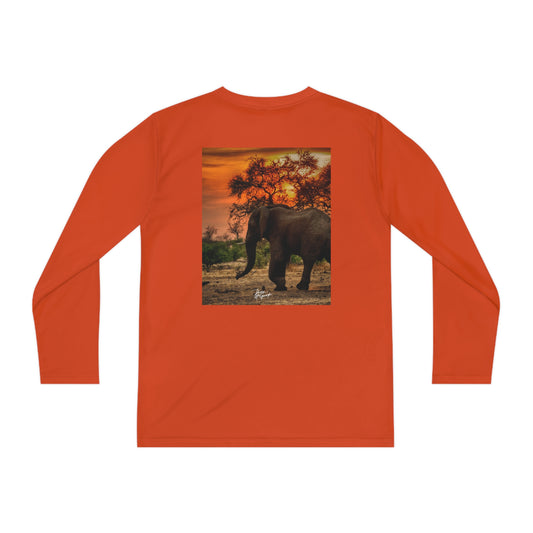 Youth Competitor Long Sleeve Tee with Spirited Elephant at Sunset by Enjoy Nature