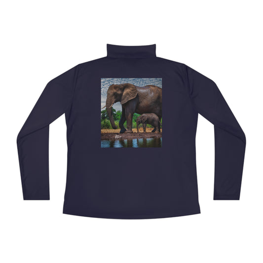 Ladies Quarter-Zip Pullover with Fine Art Image of Elephant Baby with Mom by Enjoy Nature