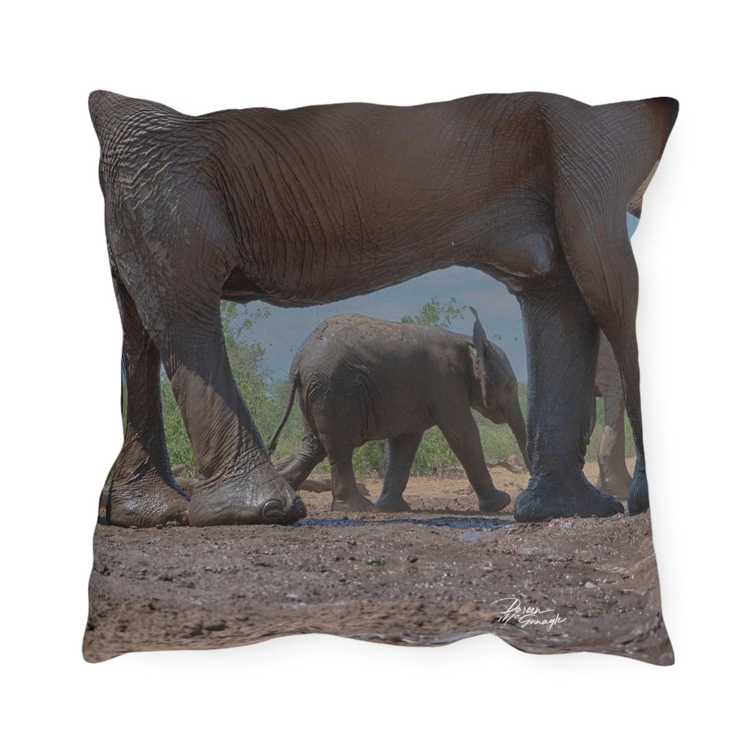 Enjoy Nature Outdoor Pillow with Baby Elephant Walk with Mom – Artistic, Comfy, and Durable Decorative Accent