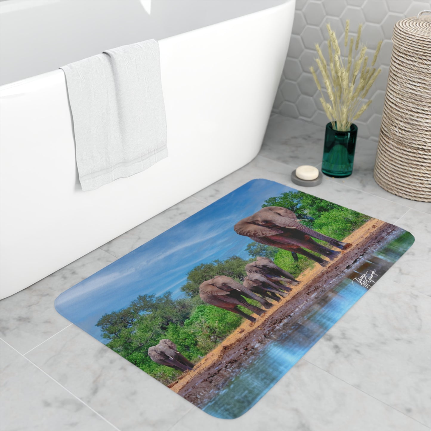 Elephant Family at Watering Hole Memory Foam Bath Mat from Enjoy Nature