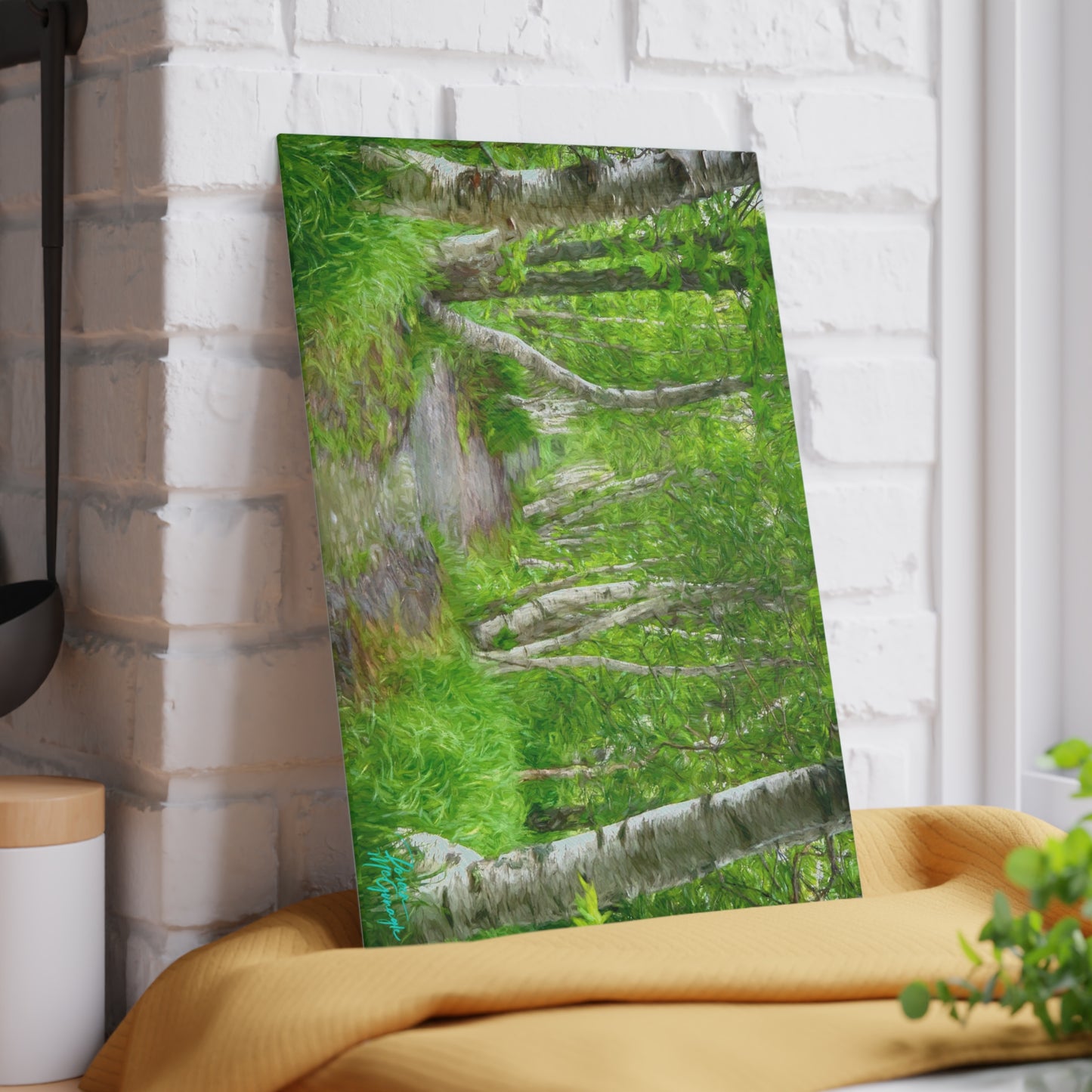 Artistic Magical Birch Forest Glass Cutting Board with Nature-Inspired Design