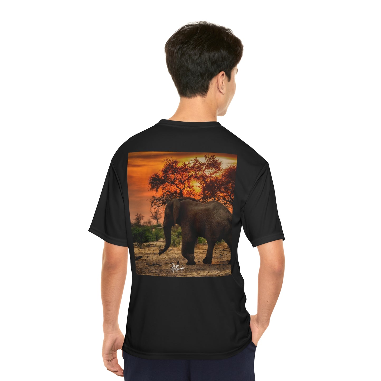 Men's Performance T-Shirt with Fine Art Image of Spirited Elephant at Sunset by Enjoy Nature