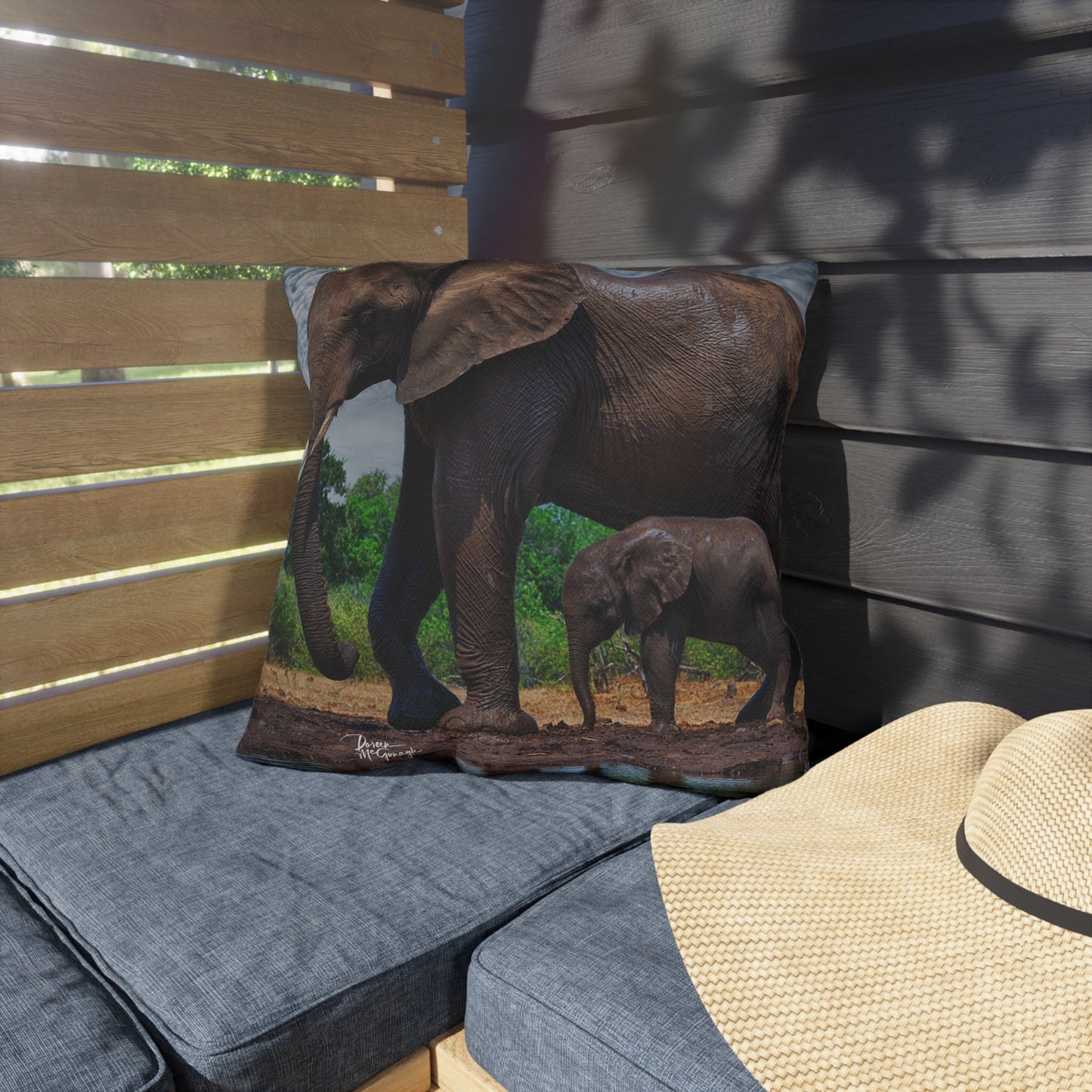 Enjoy Nature Outdoor Pillow with Baby Elephant Walk with Mom – Artistic, Comfy, and Durable Decorative Accent