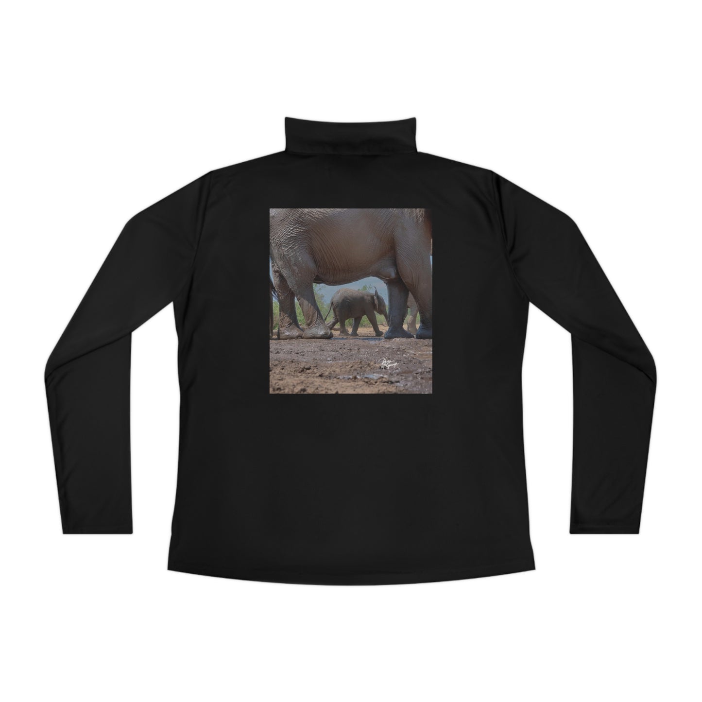 Ladies Quarter-Zip Pullover with Fine Art Image of Elephant Baby Under Mom's Watchful Eye by Enjoy Nature