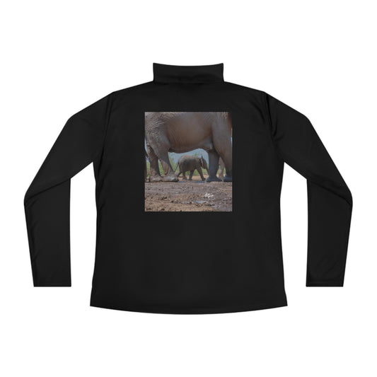 Ladies Quarter-Zip Pullover with Fine Art Image of Elephant Baby Under Mom's Watchful Eye by Enjoy Nature