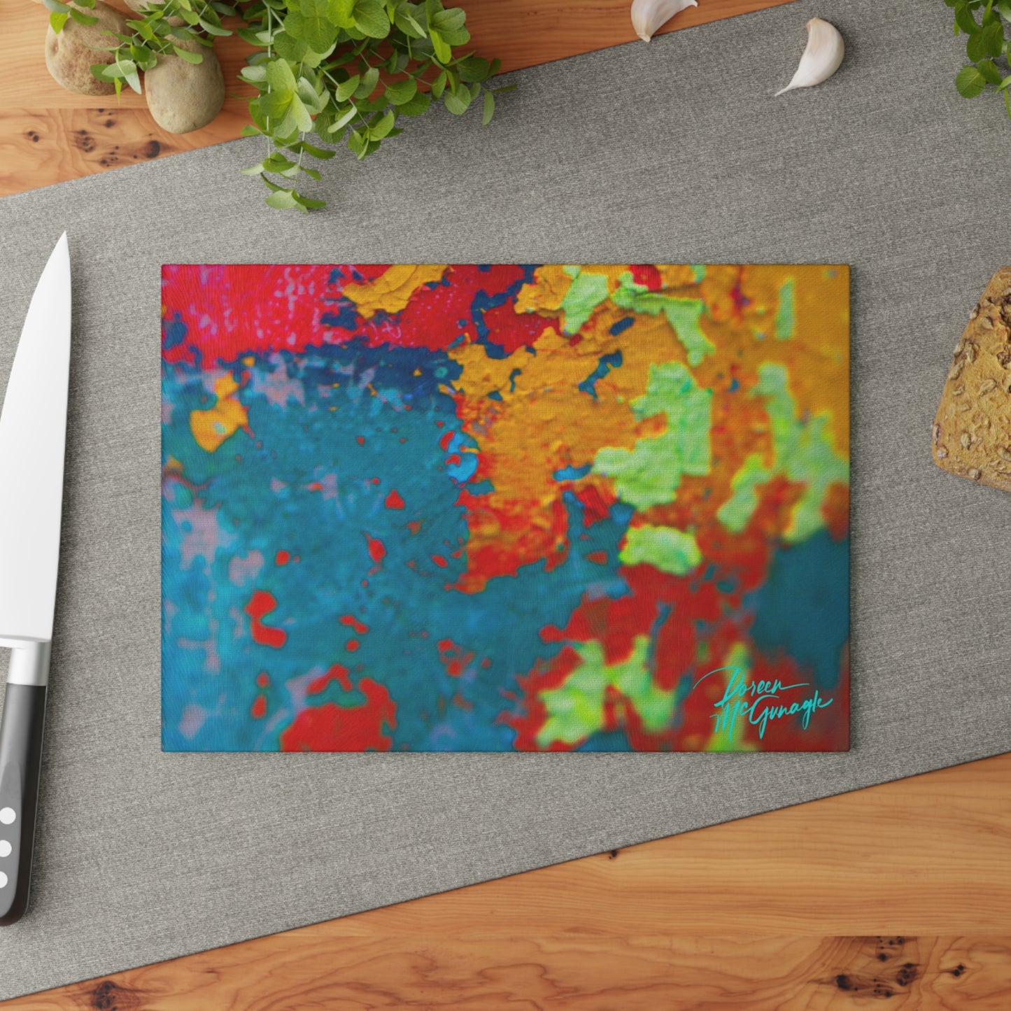 Artistic  Life and Soul Abstract Glass Cutting Board with Nature-Inspired Design