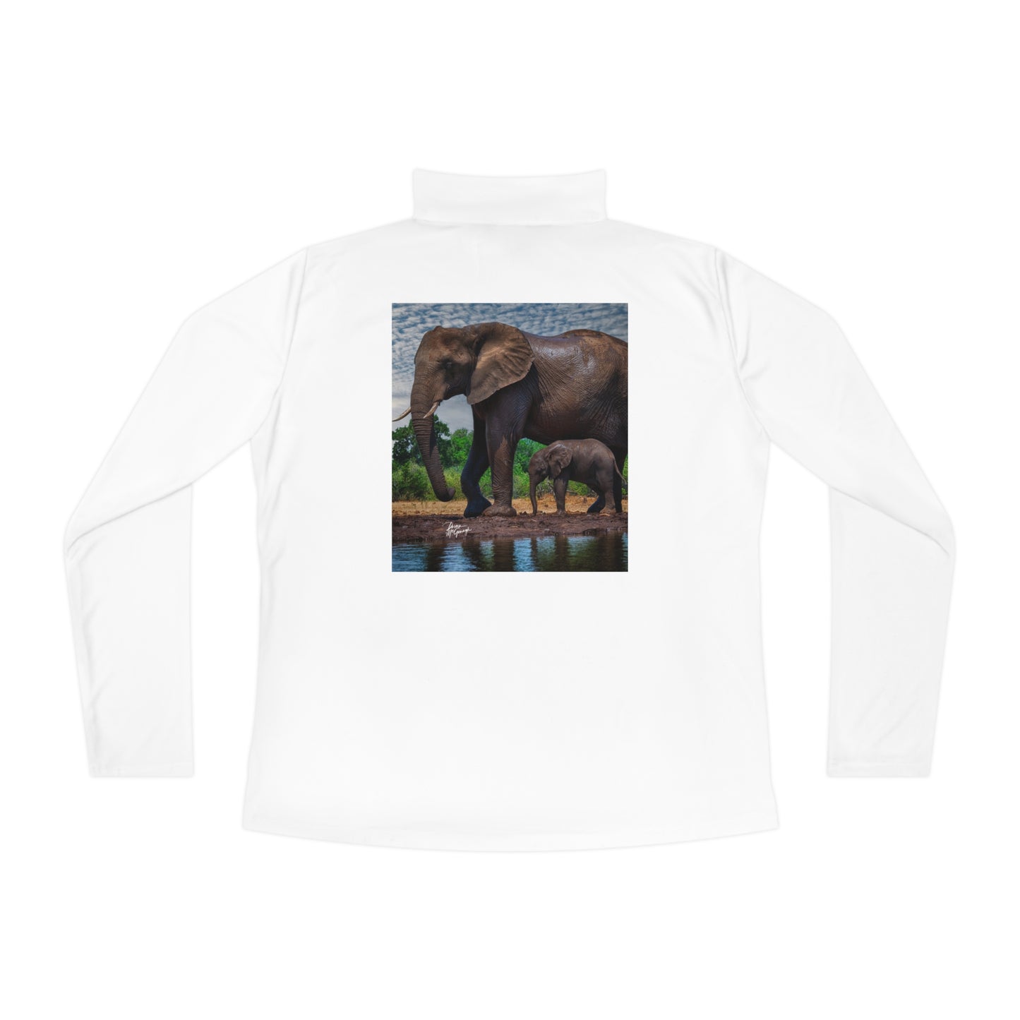 Ladies Quarter-Zip Pullover with Fine Art Image of Elephant Baby with Mom by Enjoy Nature