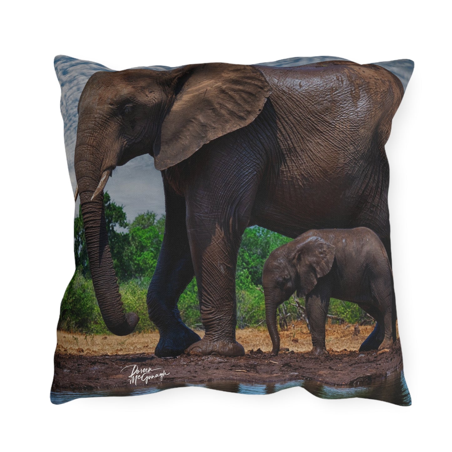 Enjoy Nature Outdoor Pillow with Baby Elephant Walk with Mom – Artistic, Comfy, and Durable Decorative Accent