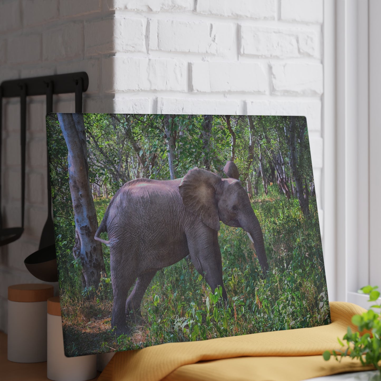 Enjoy Nature Glass Charcuterie Cutting Board with Elephant Baby in Forest Design