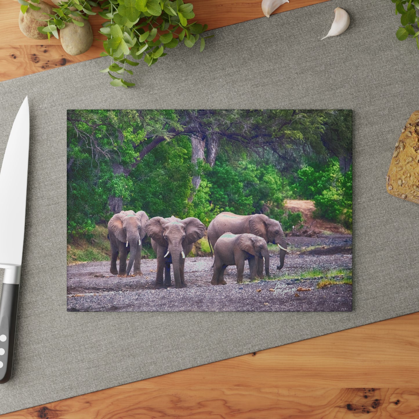 Enjoy Nature Glass Charcuterie Cutting Board with Elephant Family Design