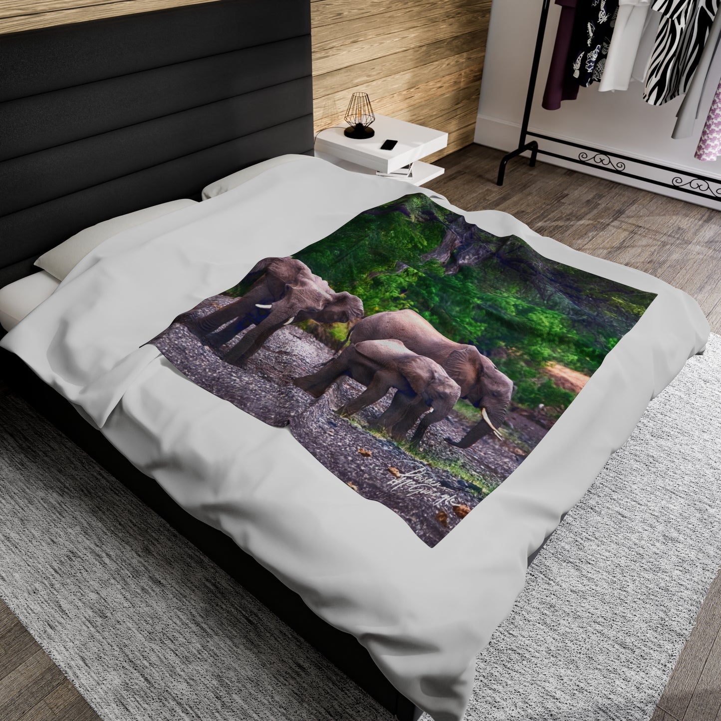 Velveteen Plush Blanket with Elephant Family at Riverbed by Enjoy Nature