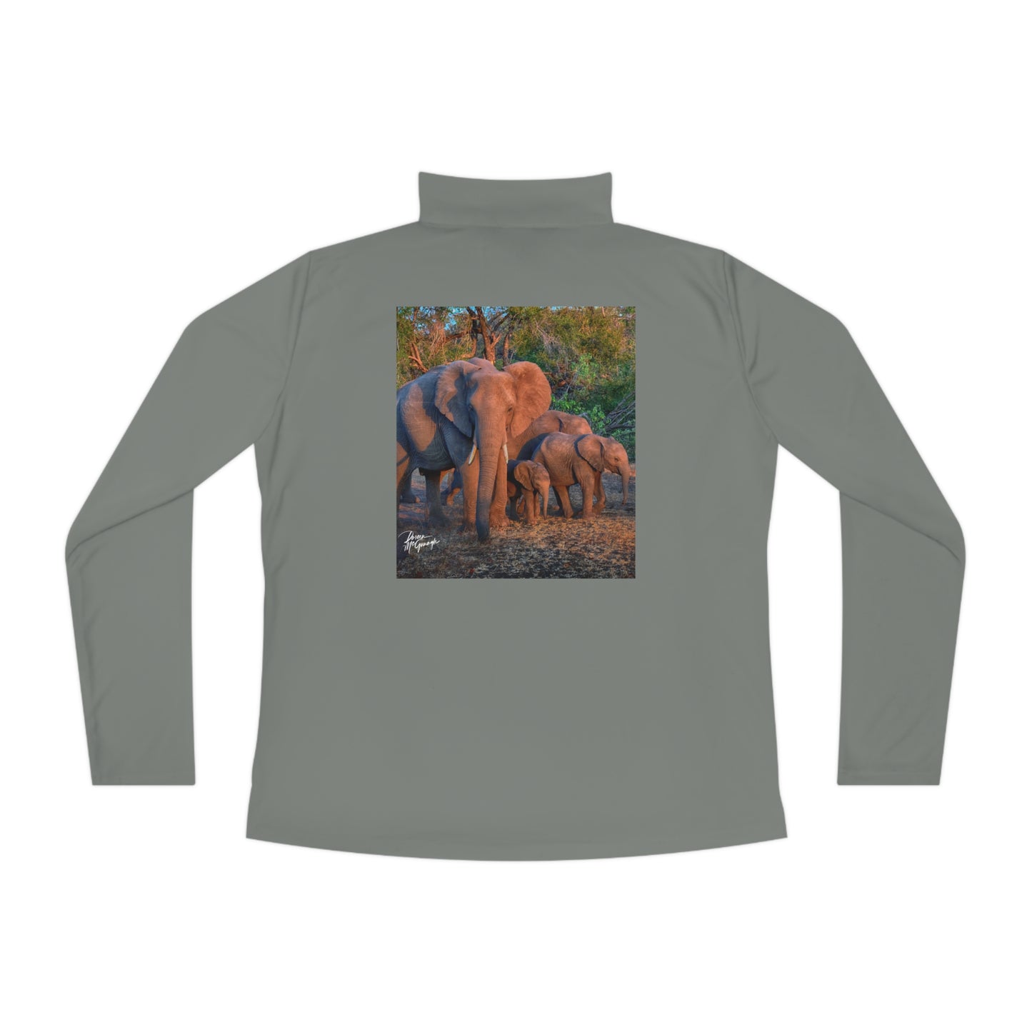 Ladies Quarter-Zip Pullover with Fine Art Image of Elephant Family by Enjoy Nature