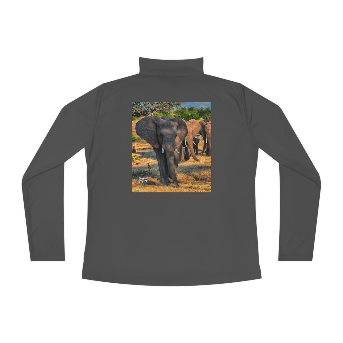 Ladies Quarter-Zip Pullover with Fine Art Image of Spirited Elephant Herd by Enjoy Nature