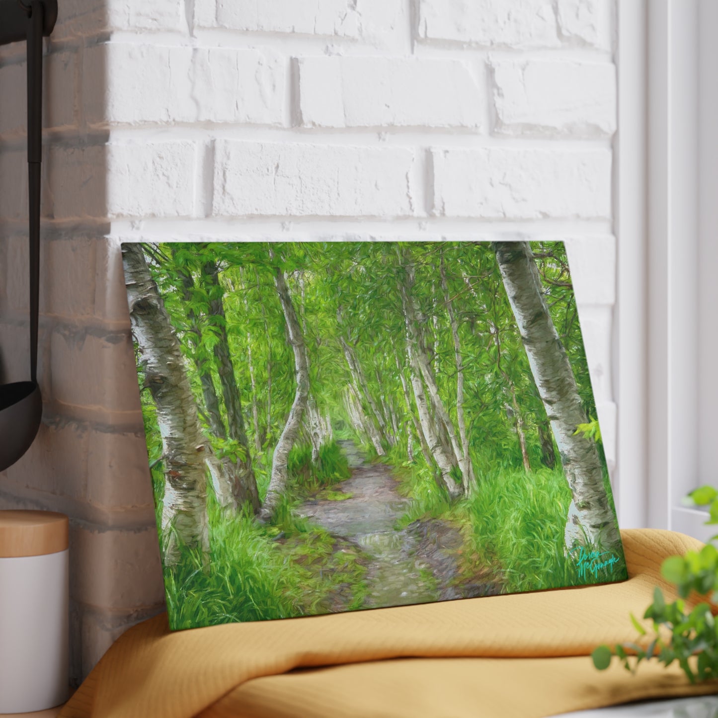 Artistic Magical Birch Forest Glass Cutting Board with Nature-Inspired Design