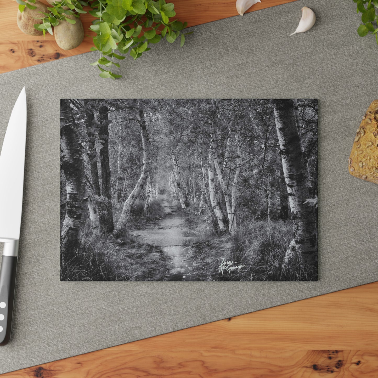 Glass cutting board designs, cheese & charcuterie board, landscape design glass cutting board,cutting board, Maine Silver Birch Forest Path