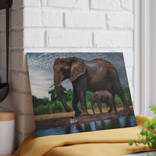 Enjoy Nature Glass Charcuterie Cutting Board with Elephant Baby Walking with Mom Design