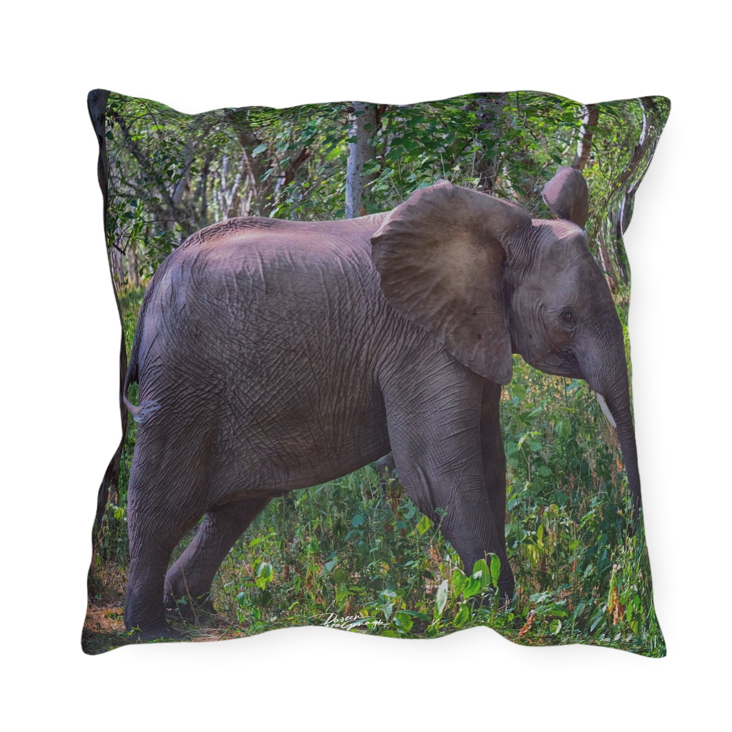 Enjoy Nature Outdoor Pillow with Elephant Baby in Forest – Artistic, Comfy, and Durable Decorative Accent