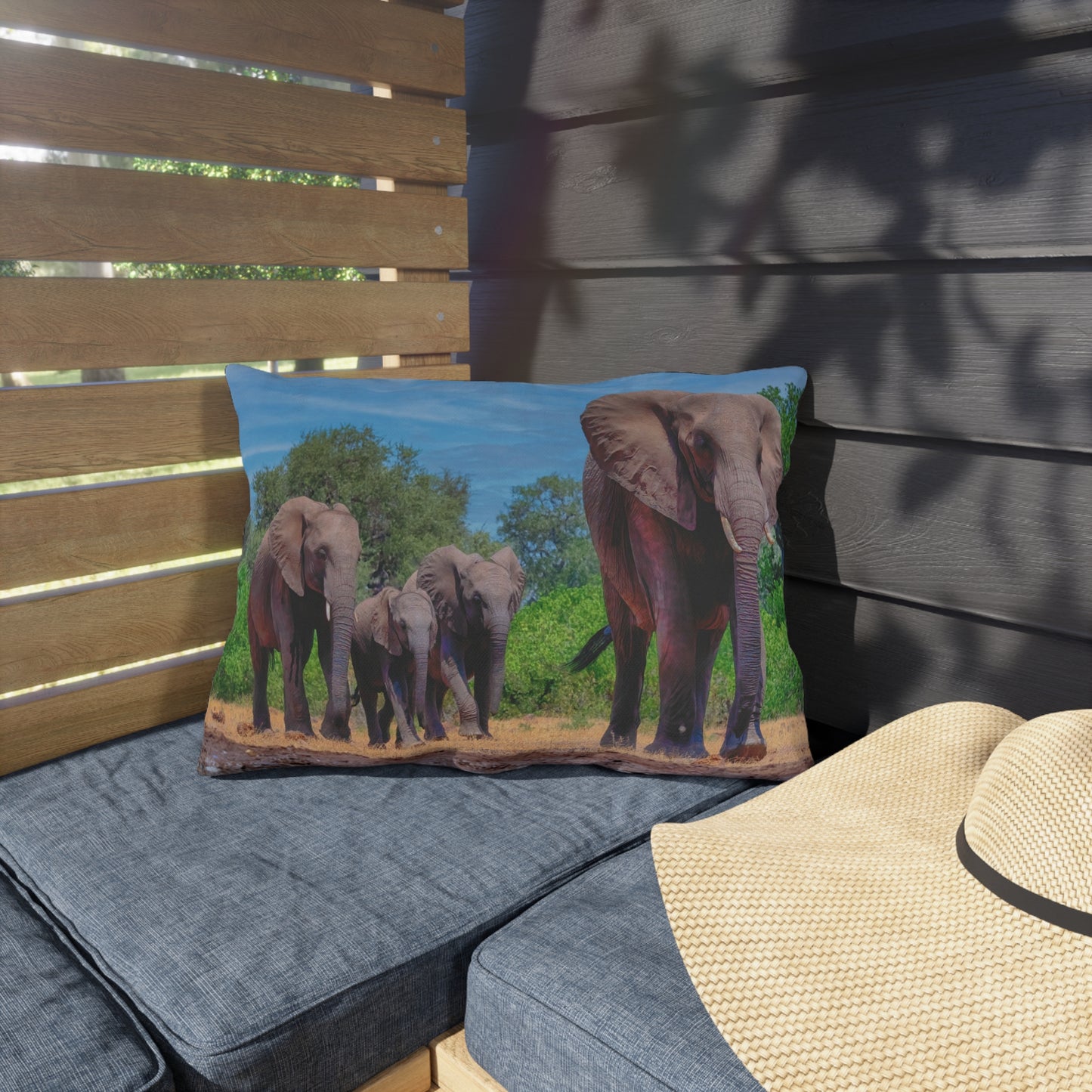 Enjoy Nature Outdoor Pillow with Elephant Family at Watering Hole – Artistic, Comfy, and Durable Decorative Accent