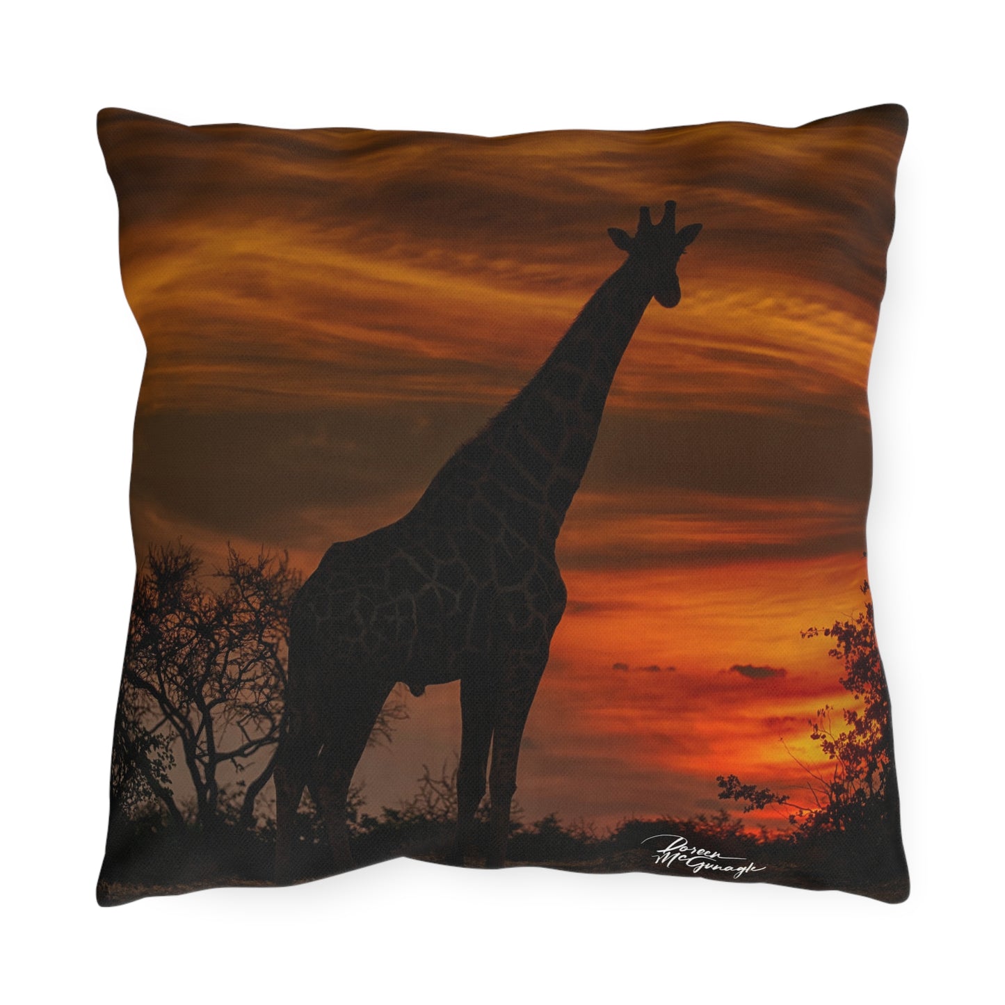 Enjoy Nature Outdoor Pillow with Giraffe Silhouette at Sunset – Artistic, Comfy, and Durable Decorative Accent