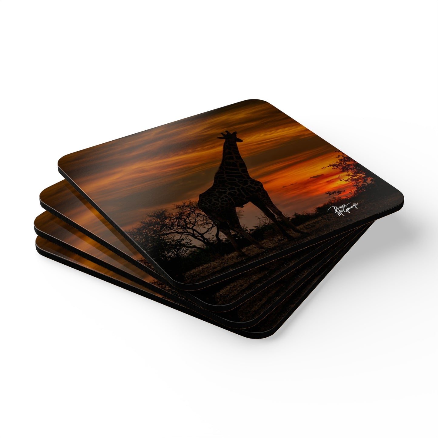 Forest Giraffe: A Sunset Silhouette Corkwood Coaster Set (Box of 4)