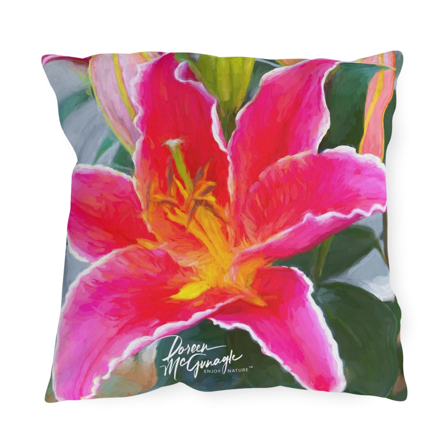 Enjoy Nature Outdoor Pillow with Pink Lily – Artistic, Comfy, and Durable Decorative Accent