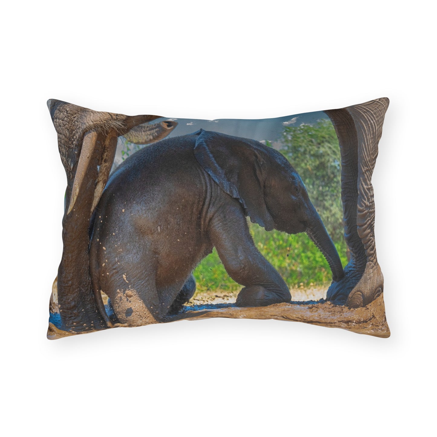 Enjoy Nature Outdoor Pillow with Elephant Baby with Protective Mom – Artistic, Comfy, and Durable Decorative Accent