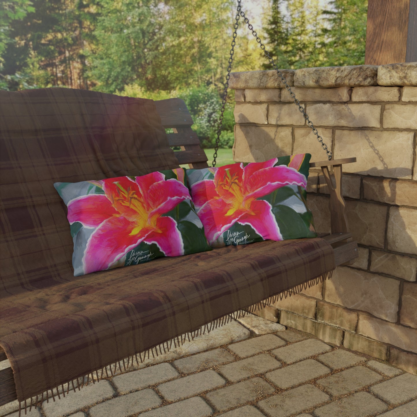 Enjoy Nature Outdoor Pillow with Pink Lily – Artistic, Comfy, and Durable Decorative Accent