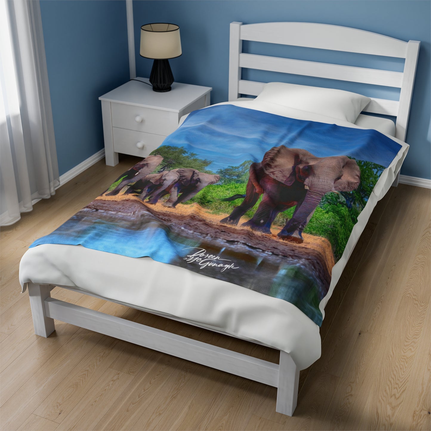 Velveteen Plush Blanket with Elephant Family at Watering Hole by Enjoy Nature