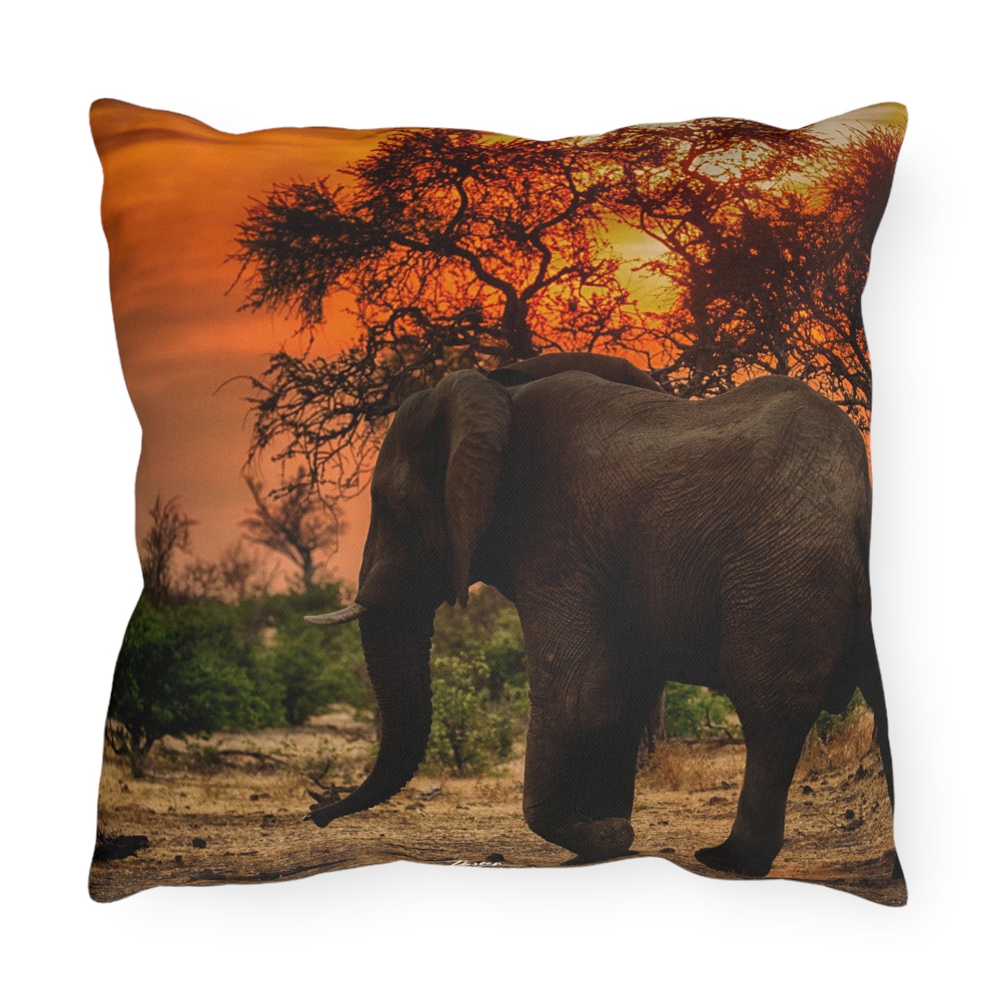 Enjoy Nature Outdoor Pillow with Spirited Elephant at Sunset – Artistic, Comfy, and Durable Decorative Accent