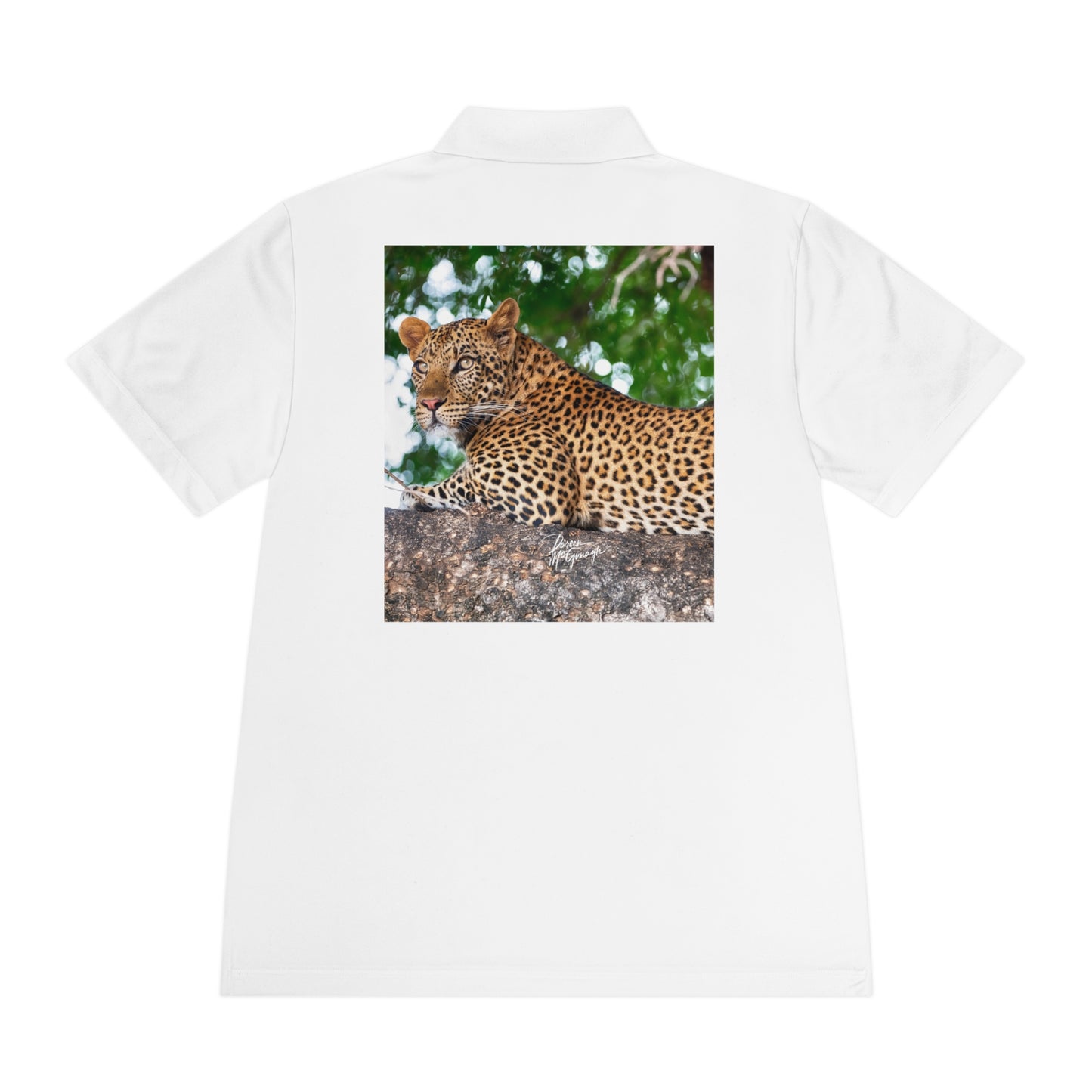 Men's Performance Polo Shirt - Leopard in Tree by Enjoy Nature