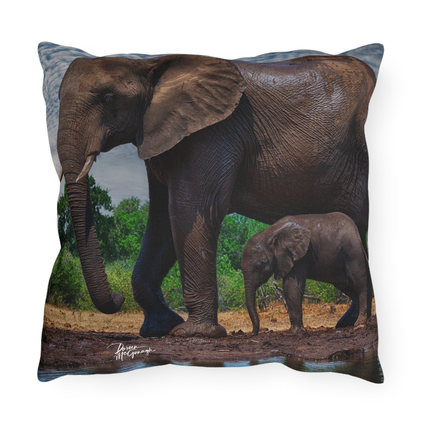 Enjoy Nature Outdoor Pillow with Baby Elephant Walk with Mom – Artistic, Comfy, and Durable Decorative Accent