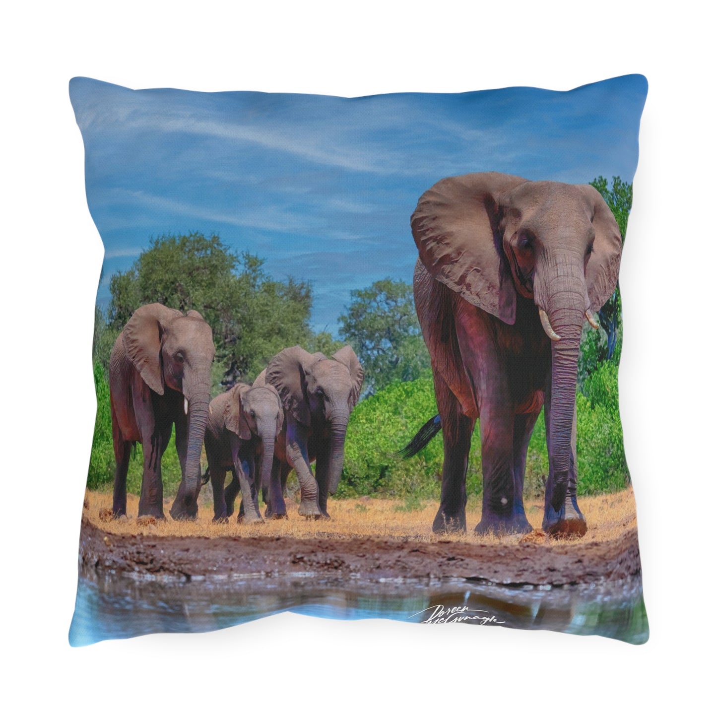 Enjoy Nature Outdoor Pillow with Elephant Family at Watering Hole – Artistic, Comfy, and Durable Decorative Accent