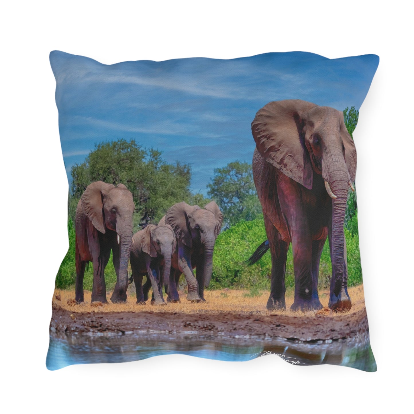 Enjoy Nature Outdoor Pillow with Elephant Family at Watering Hole – Artistic, Comfy, and Durable Decorative Accent