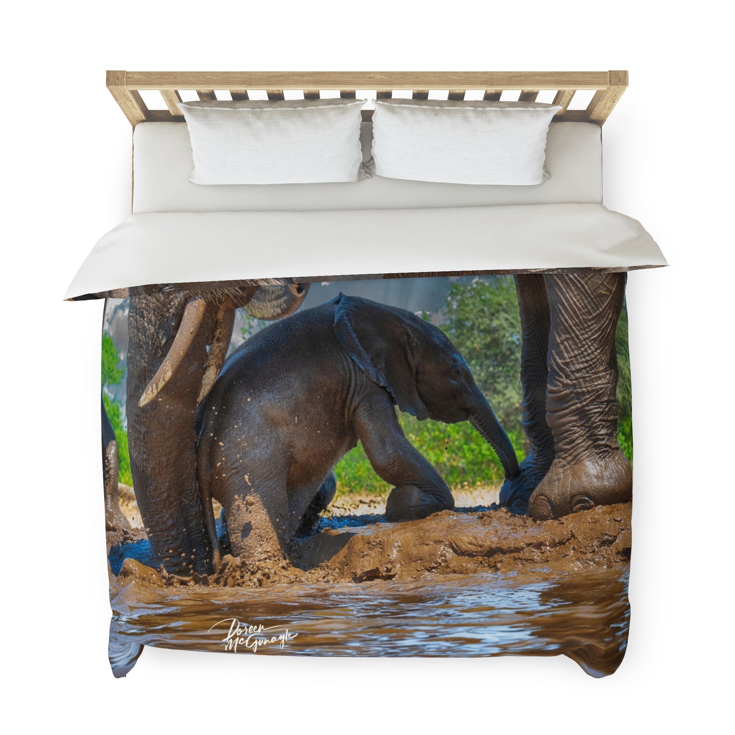 Enjoy Nature Baby Elephant with Mom at Watering Hole Duvet Cover