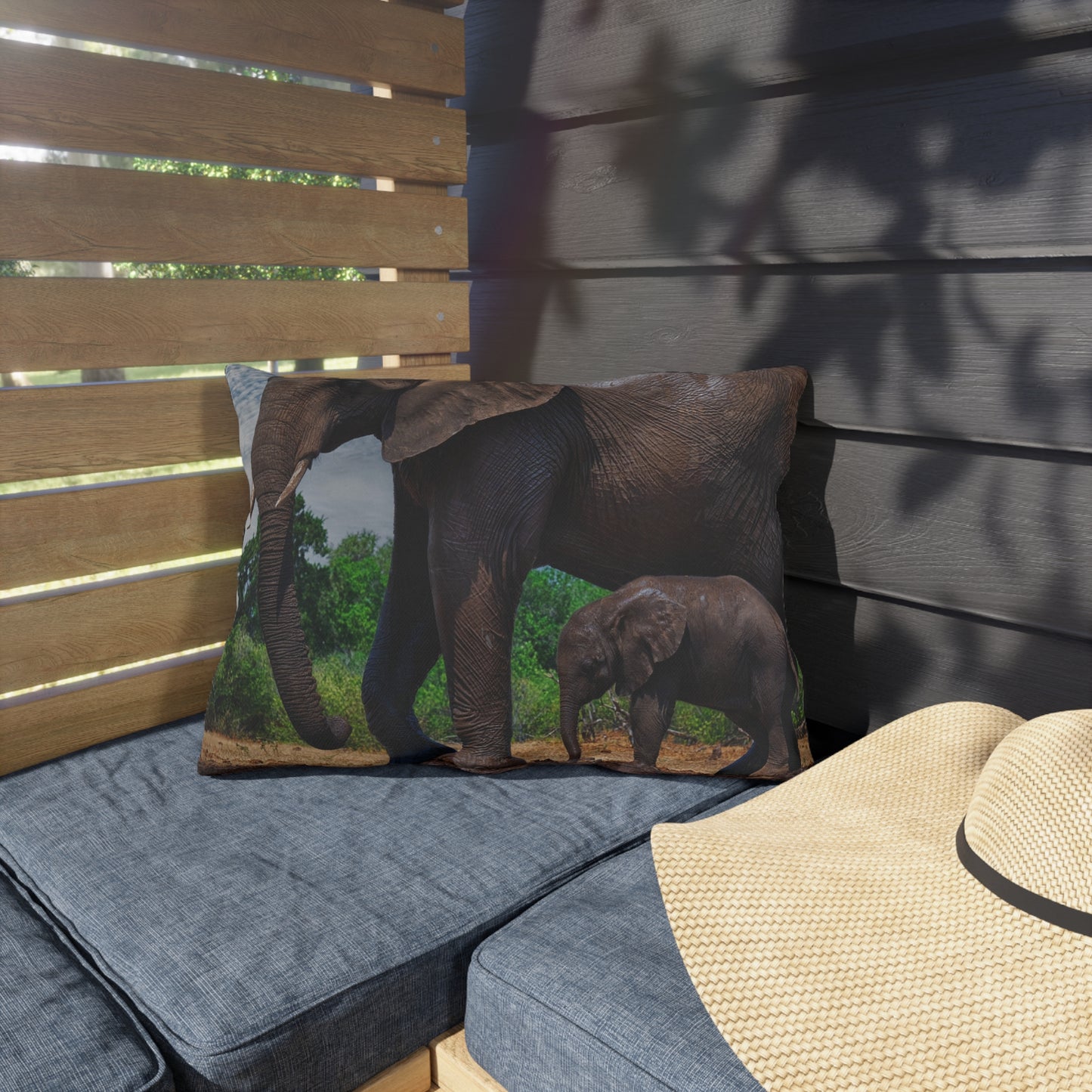 Enjoy Nature Outdoor Pillow with Baby Elephant Walk with Mom – Artistic, Comfy, and Durable Decorative Accent