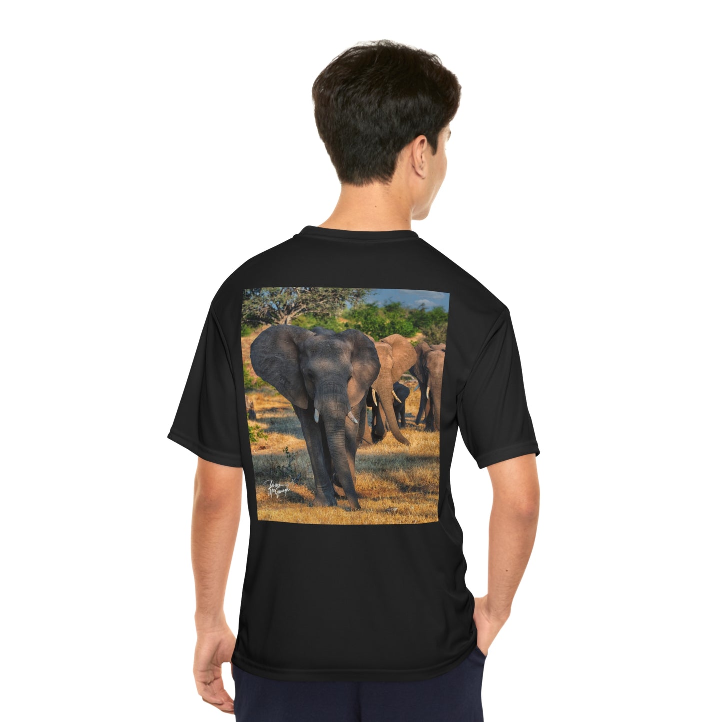 Men's Performance T-Shirt with Fine Art Image of Elephant Family Walking by Enjoy Nature