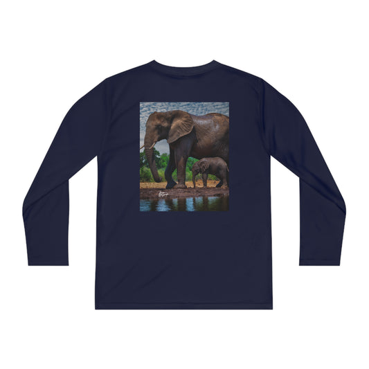 Youth Competitor Long Sleeve Tee with Elephant Baby with Mom at Watering Hole by Enjoy Nature