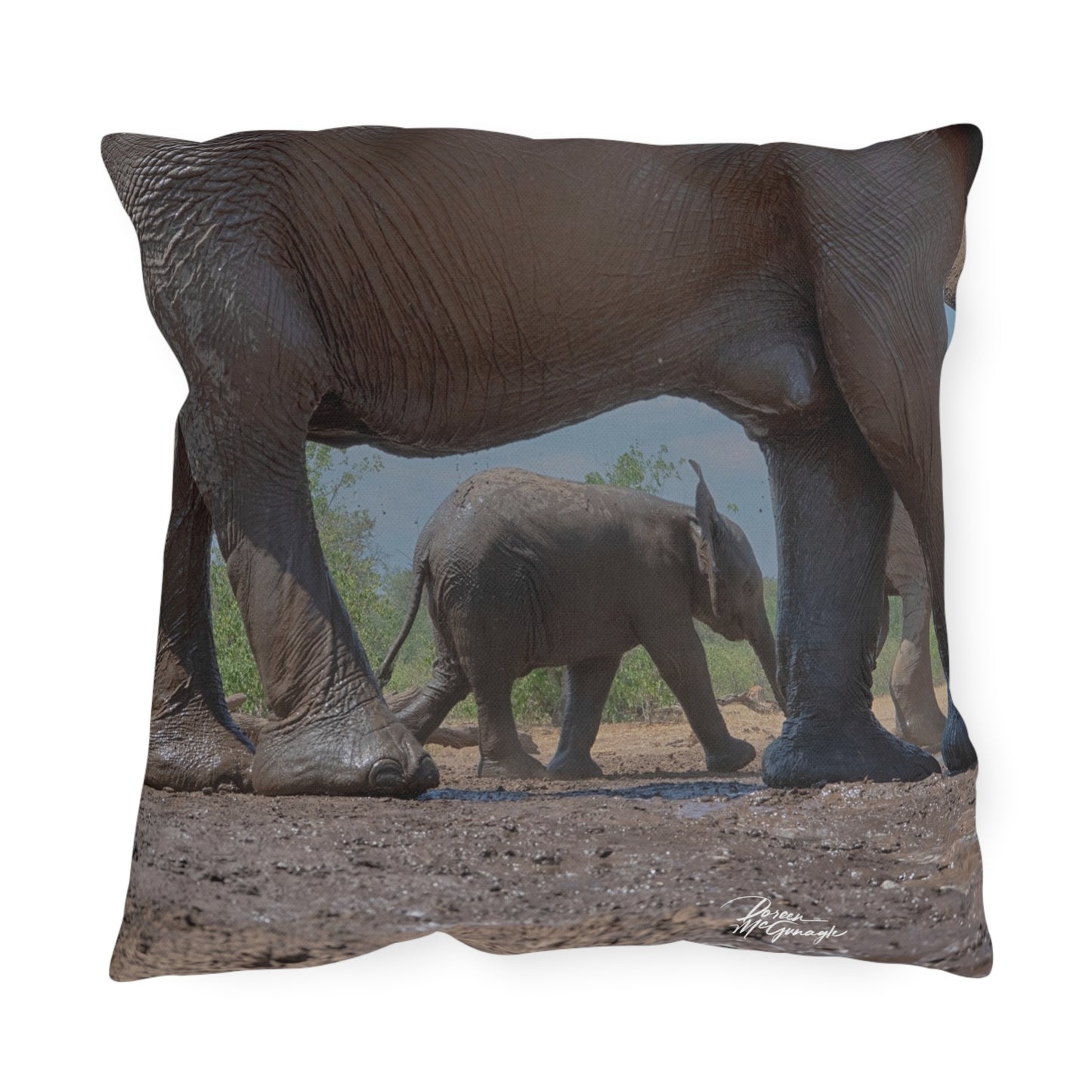 Enjoy Nature Outdoor Pillow with Baby Elephant Walk with Mom – Artistic, Comfy, and Durable Decorative Accent