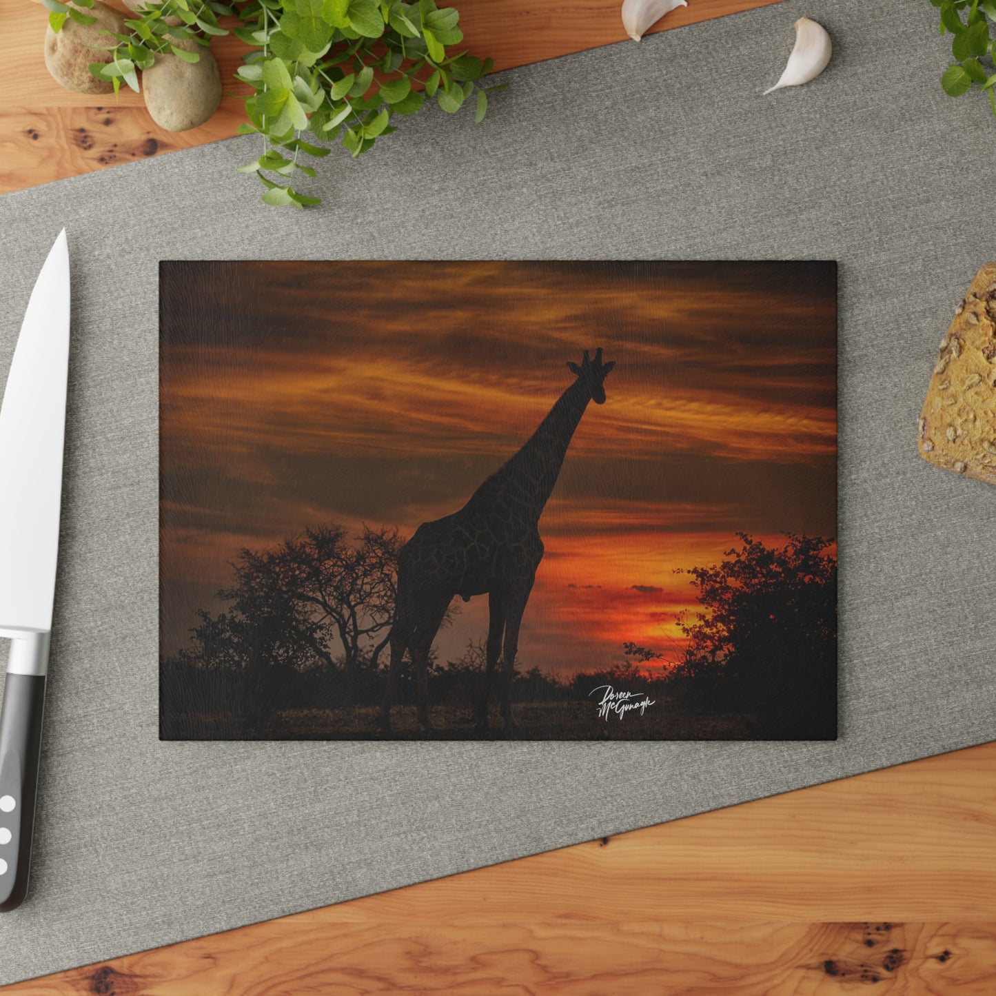 Enjoy Nature Glass Charcuterie Cutting Board with Giraffe Silhouette Design