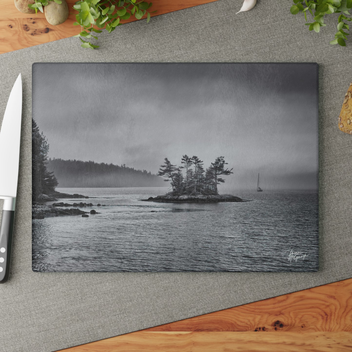 Glass cutting board designs, cheese & charcuterie board, landscape design glass cutting board, cutting board, Maine Misty Morning