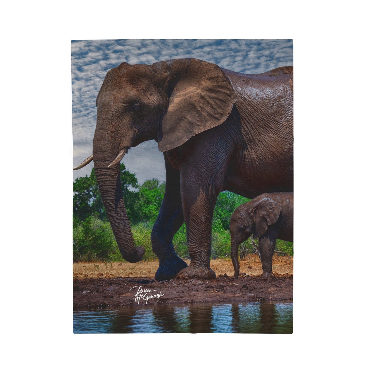 Velveteen Plush Blanket with Elephant Baby and Mom at Watering Hole by Enjoy Nature